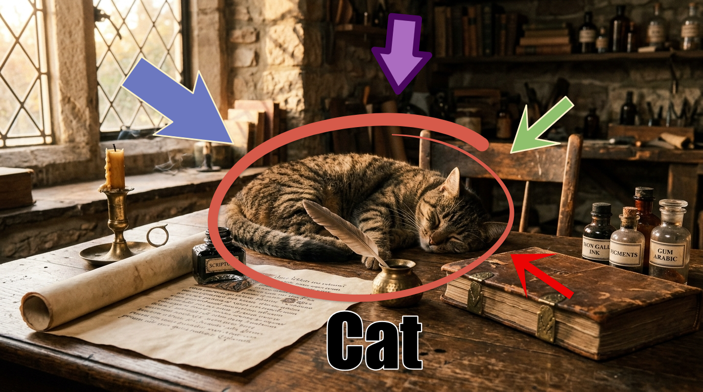 The same cat circled, labeled Cat, and pointed out with colorful arrows in Annotate