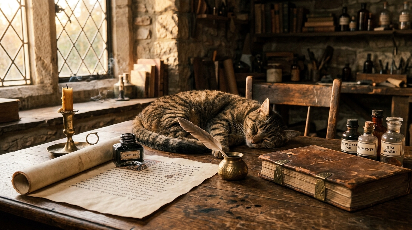 A sleeping cat on a scribe's desk before annotation
